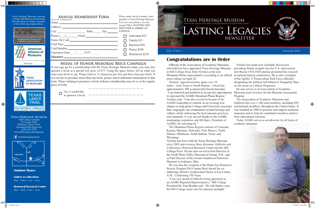 Lasting Legacies Name on Card: Family $35 Newsletter Card Type: Business $50 Card Number: Patron $100 Vol
