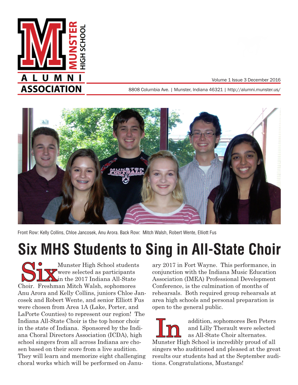 Six MHS Students to Sing in All-State Choir Munster High School Students Ary 2017 in Fort Wayne