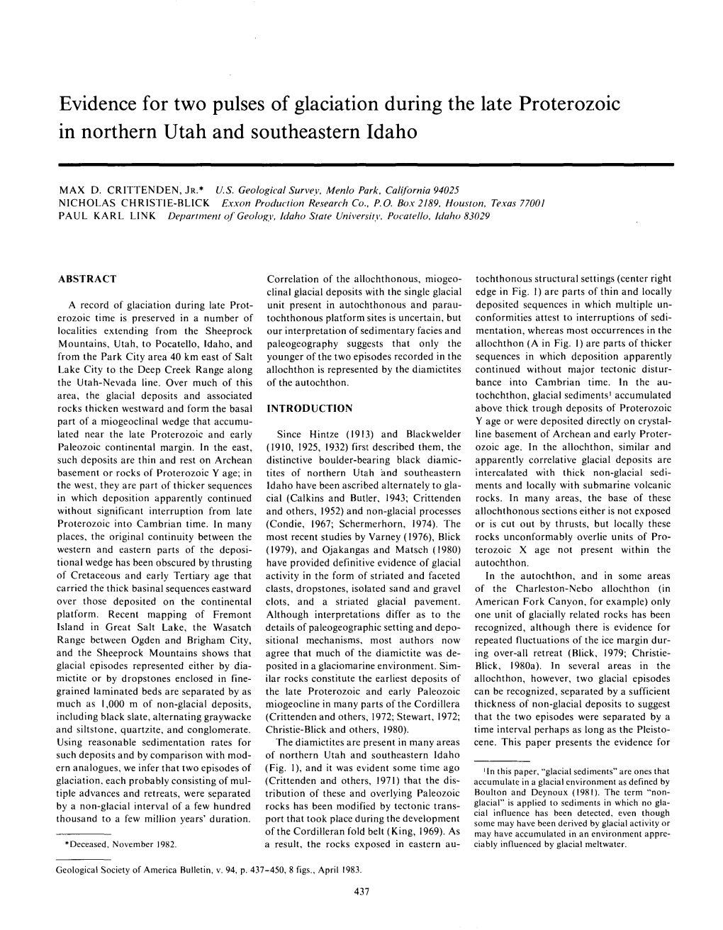 Evidence for Two Pulses of Glaciation During the Late Proterozoic in Northern Utah and Southeastern Idaho