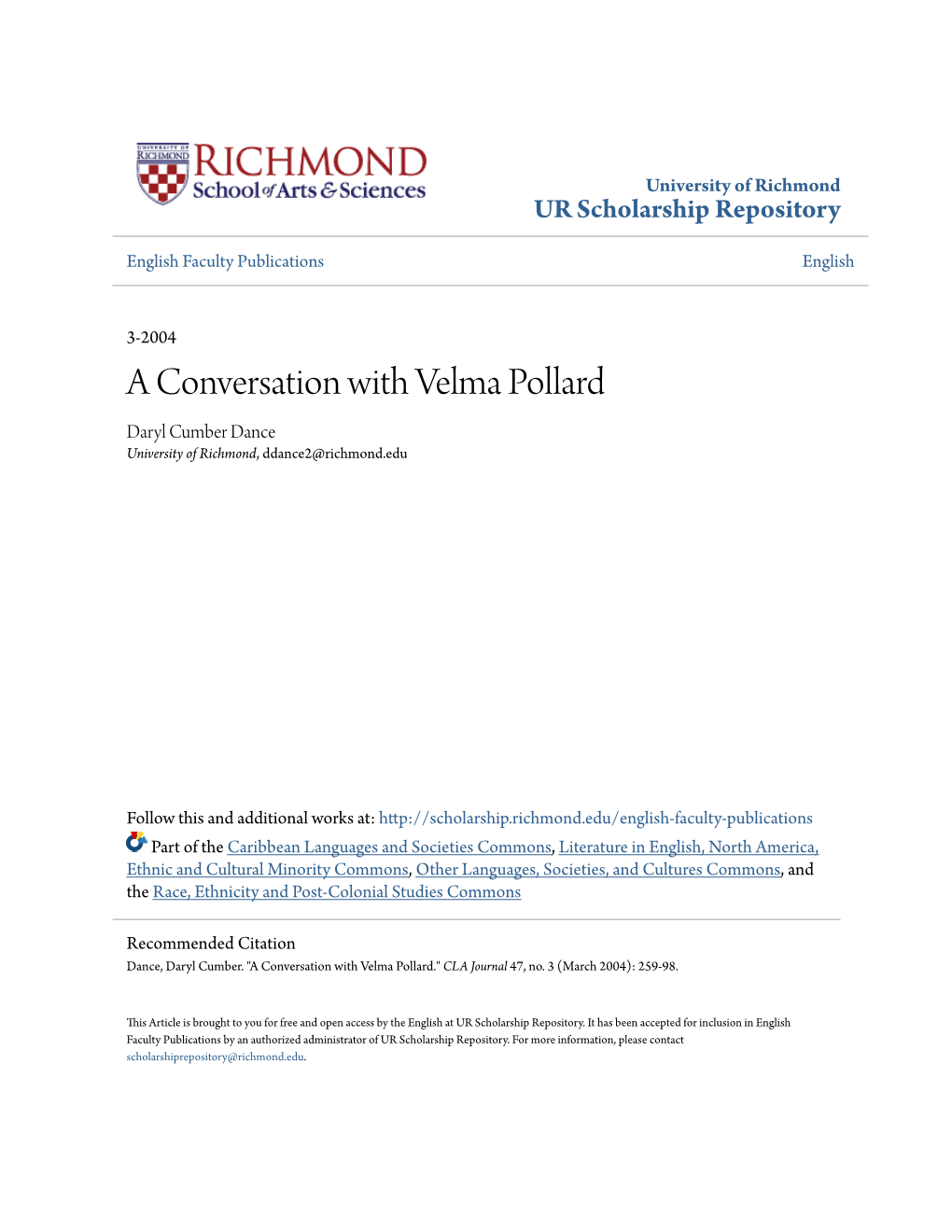 A Conversation with Velma Pollard Daryl Cumber Dance University of Richmond, Ddance2@Richmond.Edu