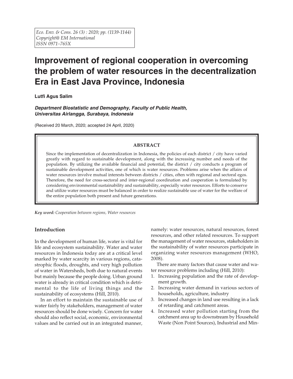 Improvement of Regional Cooperation in Overcoming the Problem of Water Resources in the Decentralization Era in East Java Province, Indonesia