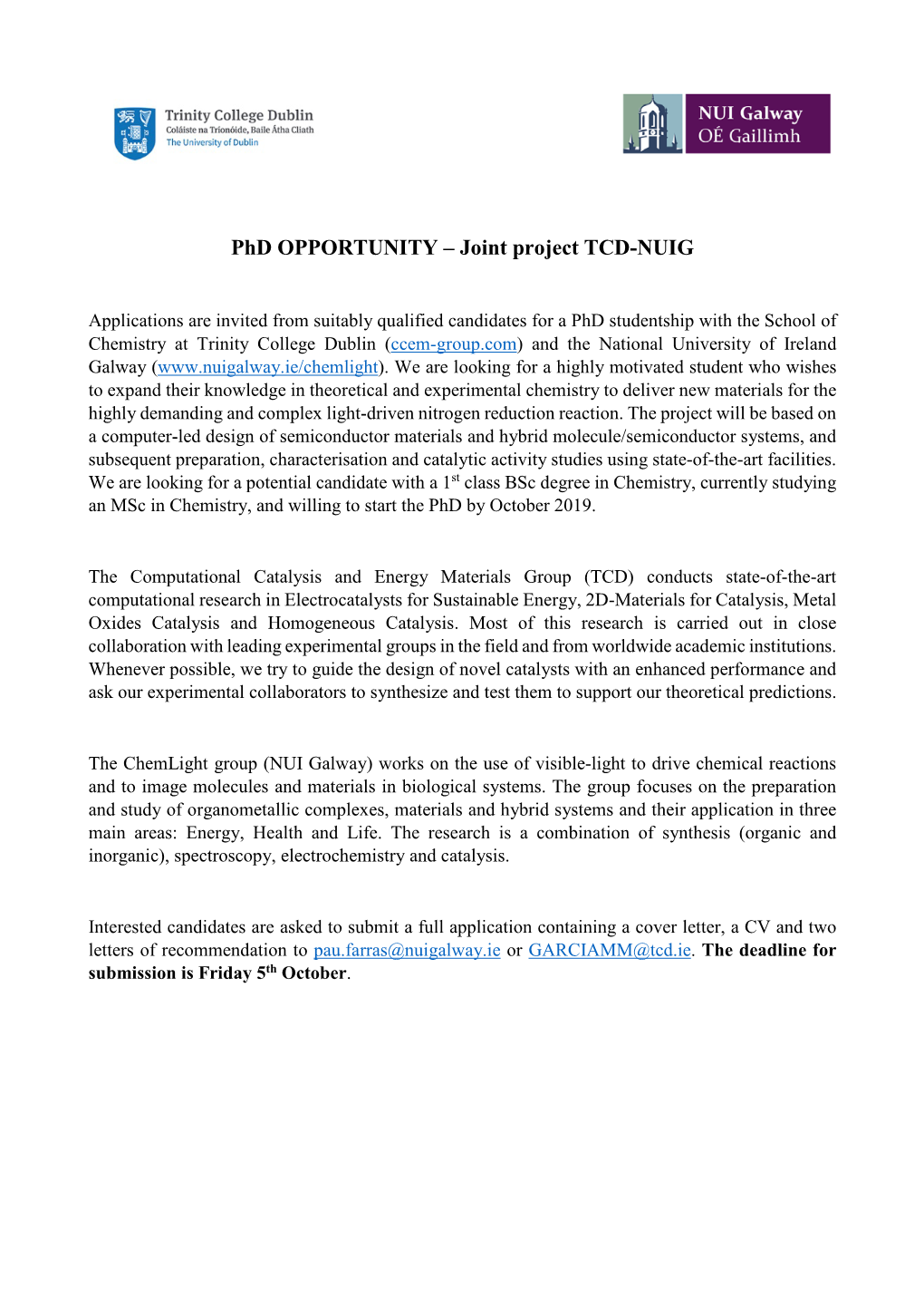 Phd OPPORTUNITY – Joint Project TCD-NUIG