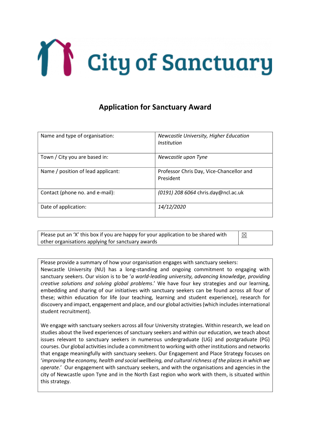 University of Sanctuary Application