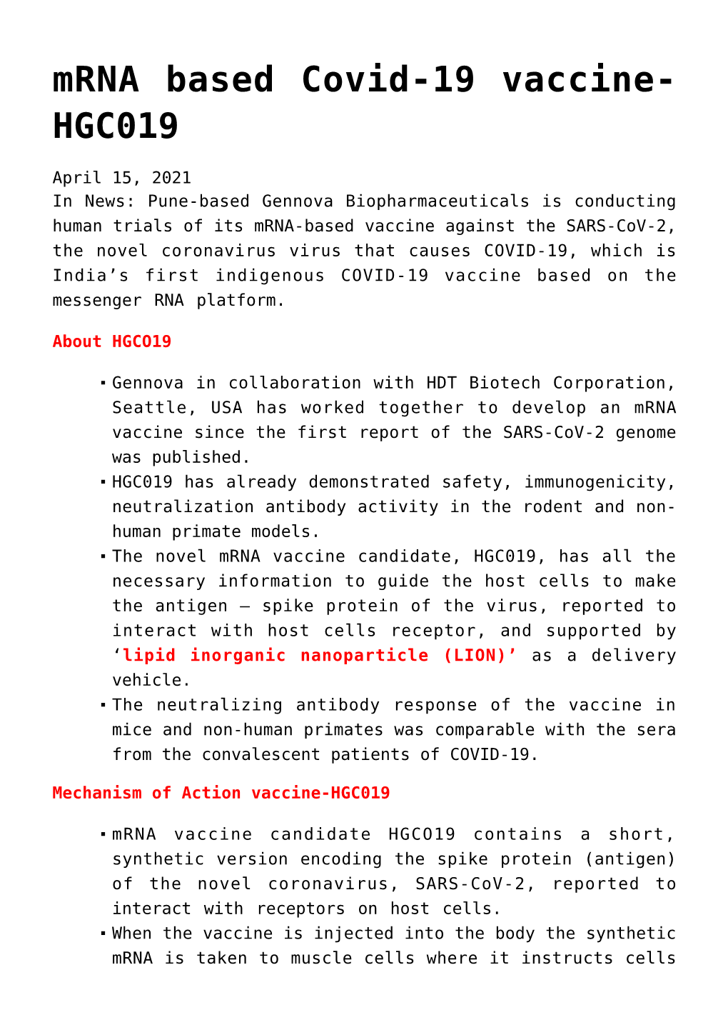 Mrna Based Covid-19 Vaccine-HGC019