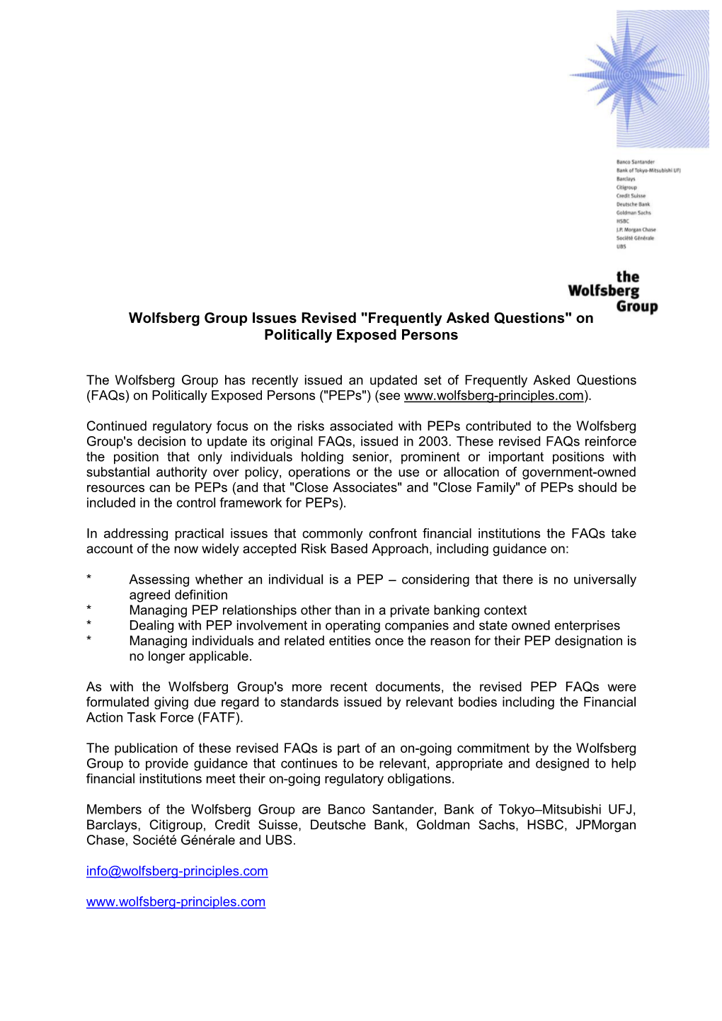 Wolfsberg Group Issues Revised "Frequently Asked Questions" on Politically Exposed Persons