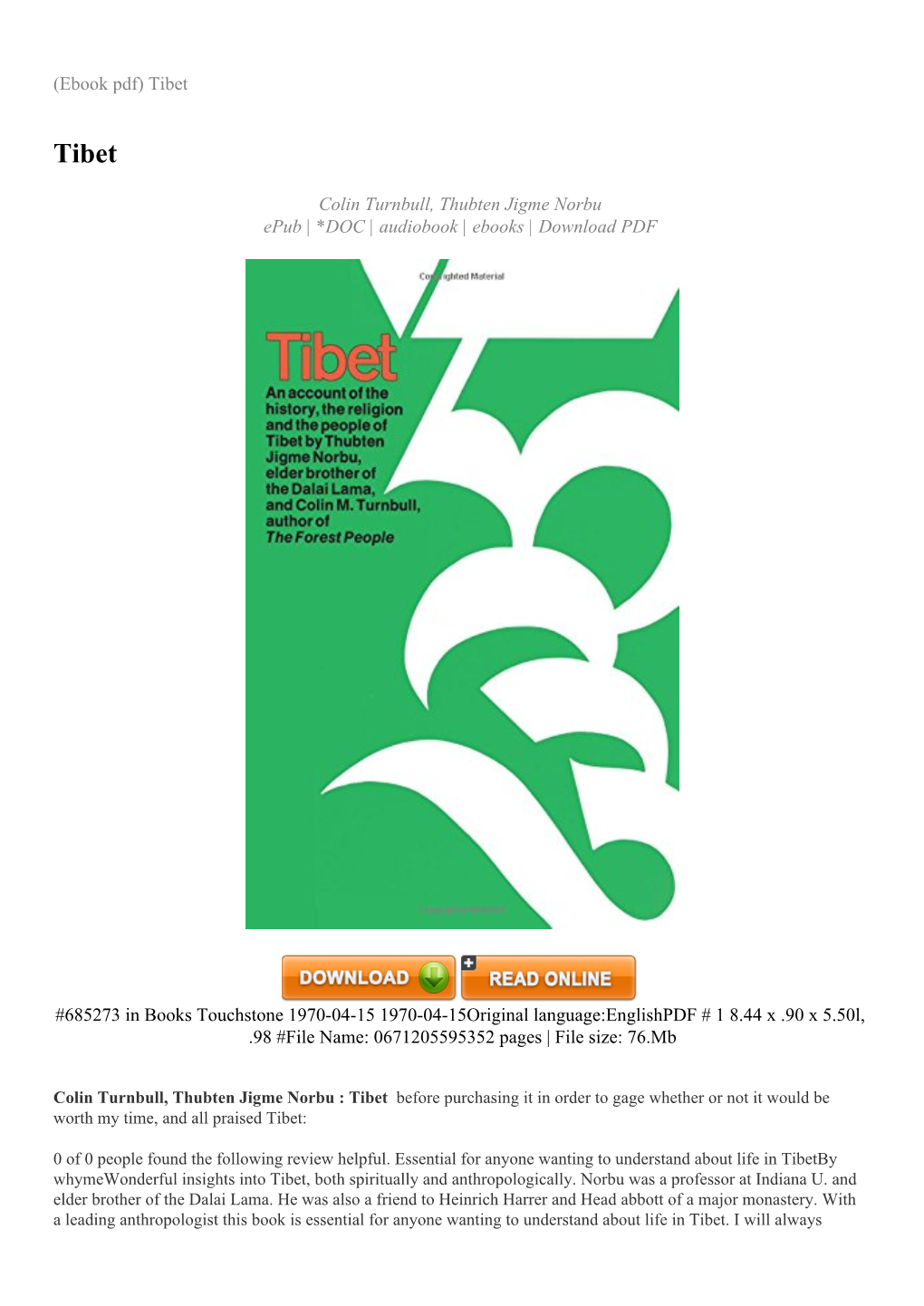 (Ebook Pdf) Tibet Colin Turnbull, Thubten Jigme Norbu Epub | *DOC