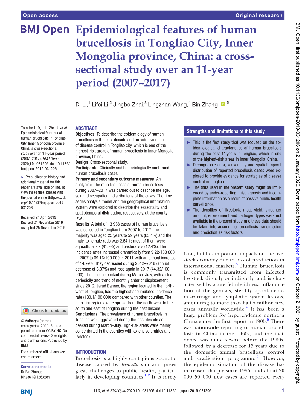 Epidemiological Features of Human Brucellosis in Tongliao City, Inner Mongolia Province, China: a Cross-­ Sectional Study Over an 11-­Year Period (2007–2017)