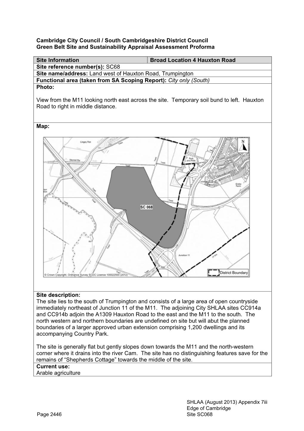 Cambridge City Council / South Cambridgeshire District Council Green Belt Site and Sustainability Appraisal Assessment Proforma