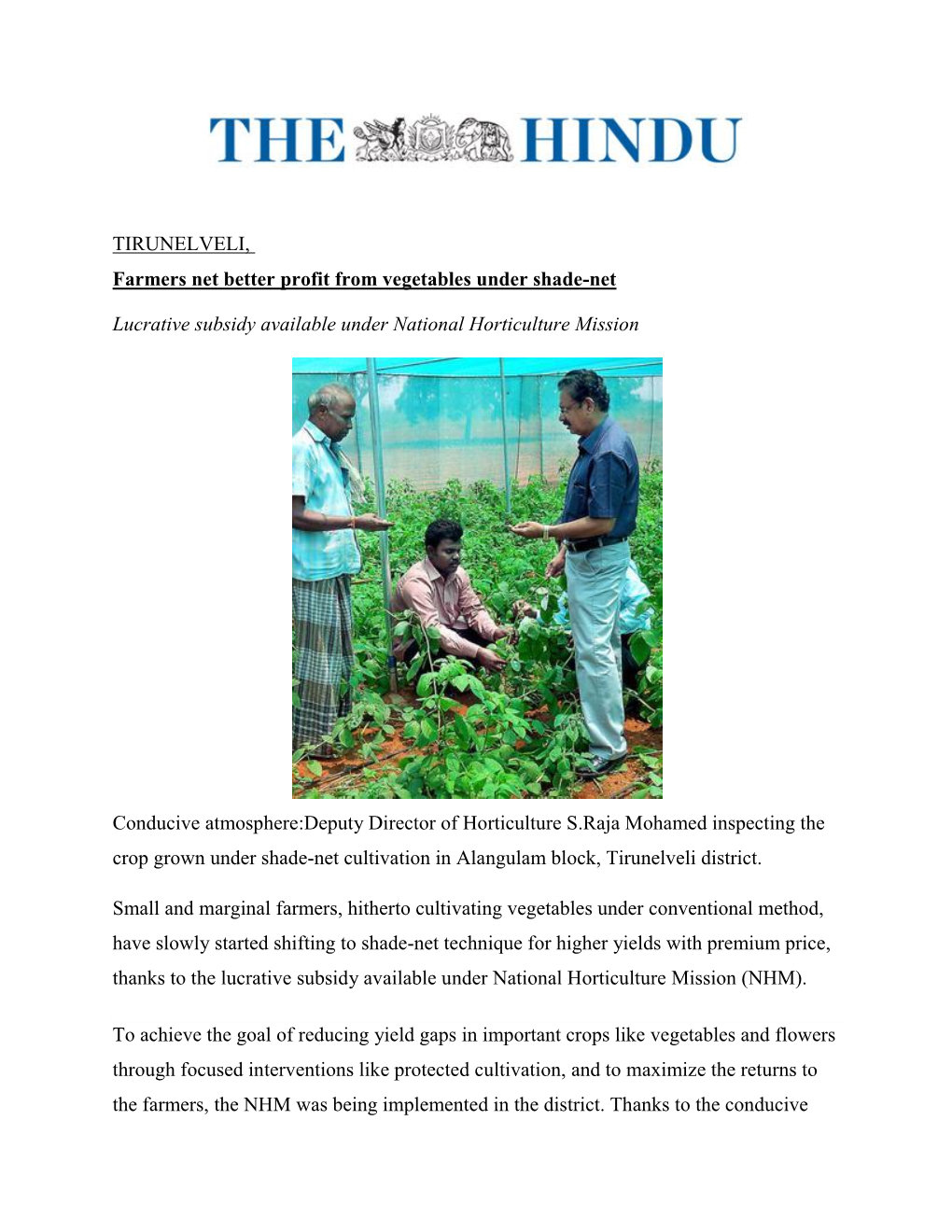 TIRUNELVELI, Farmers Net Better Profit from Vegetables Under Shade-Net