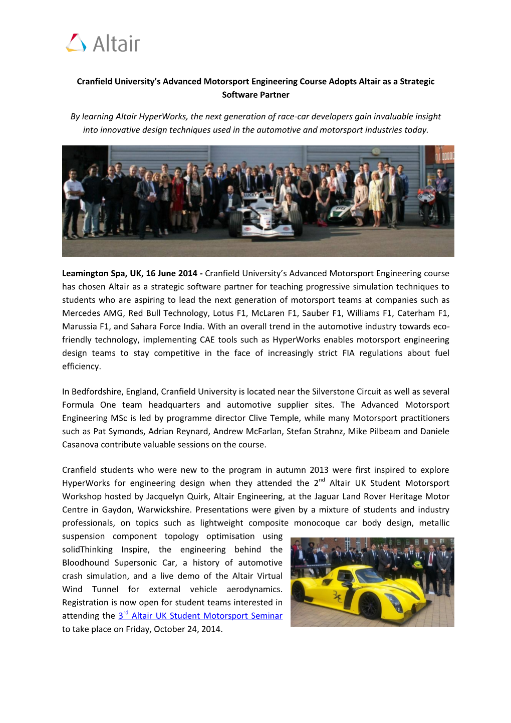 Cranfield University's Advanced Motorsport Engineering Course