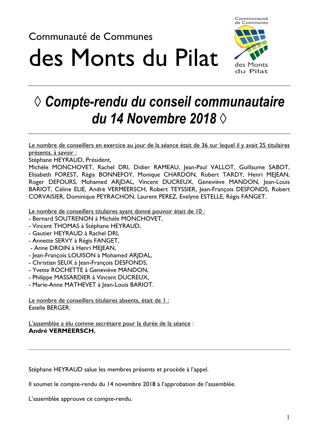 Conseil Communautaire Du 14 Novembre 2018 ◊