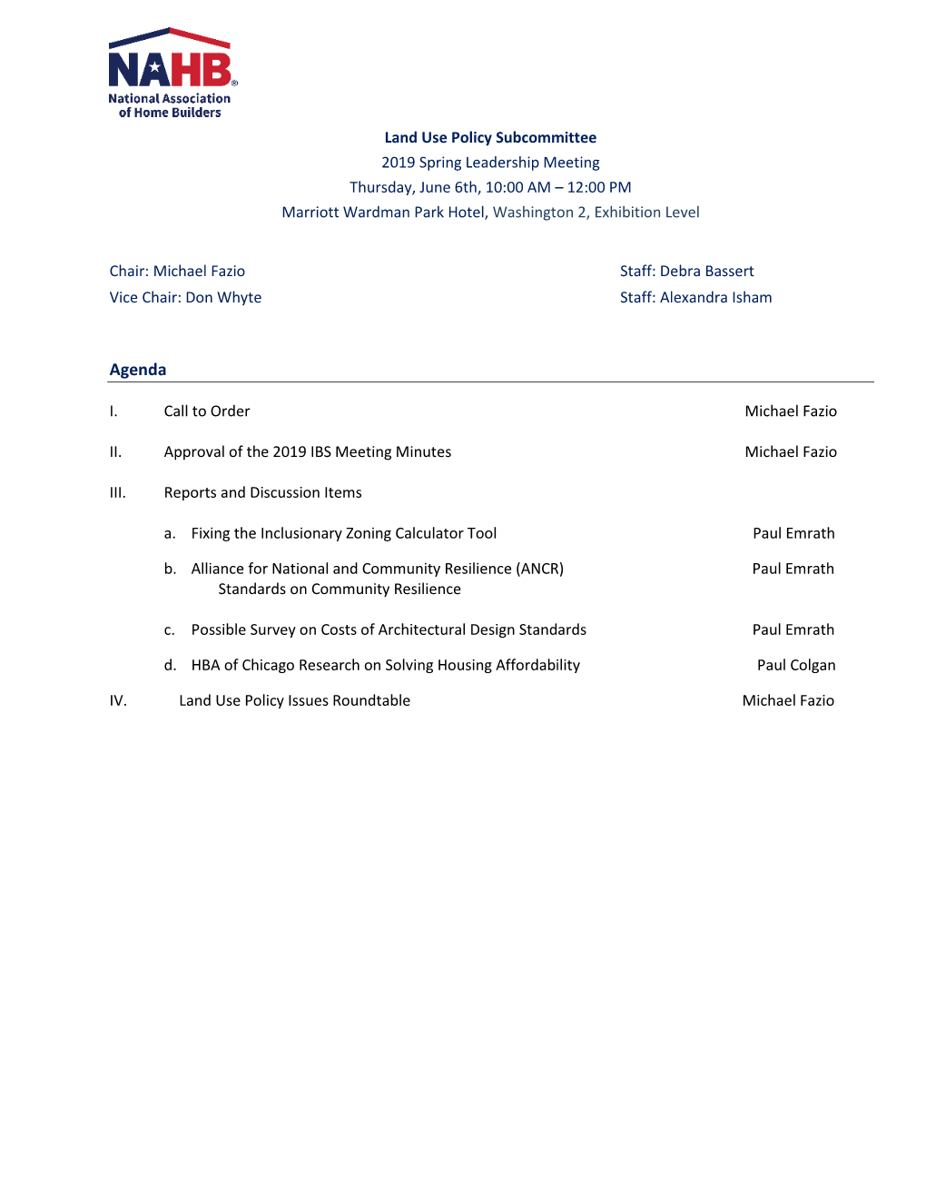 2019 Spring Leadership Land Use Policy Subcommittee Packet
