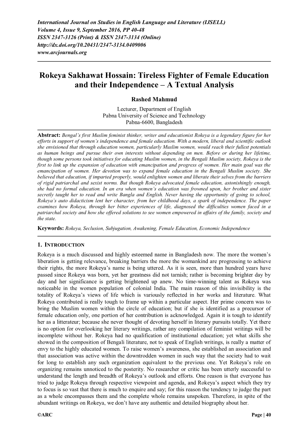 Rokeya Sakhawat Hossain: Tireless Fighter of Female Education and Their Independence – a Textual Analysis
