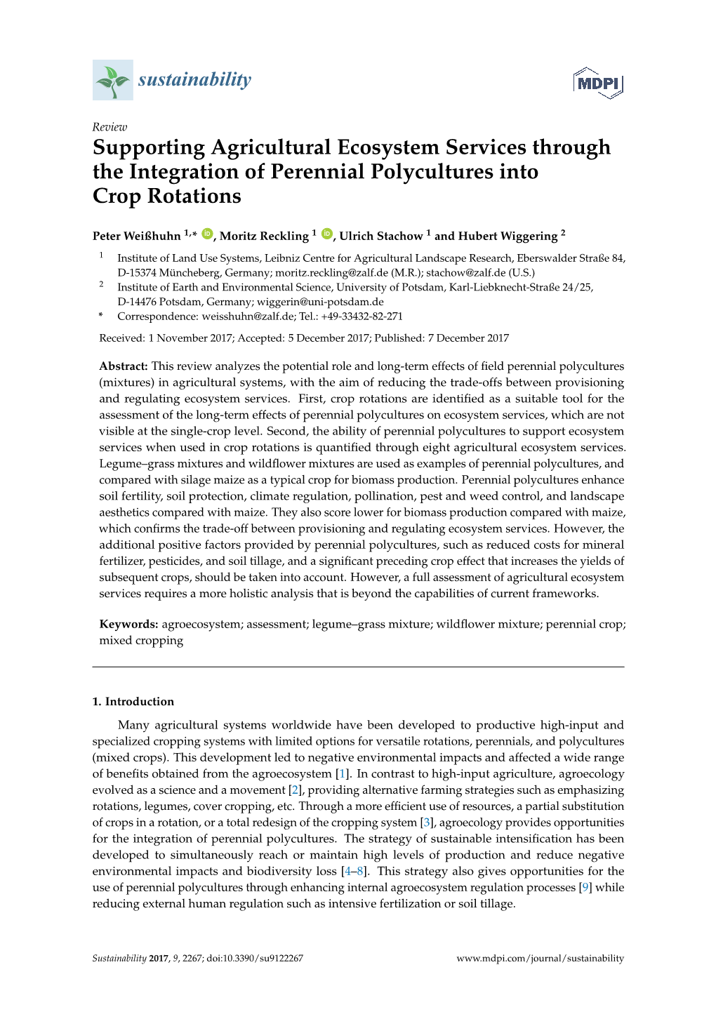 Supporting Agricultural Ecosystem Services Through the Integration of Perennial Polycultures Into Crop Rotations