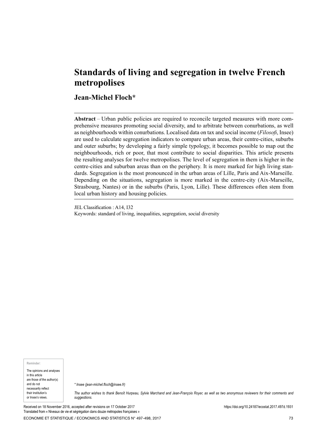 Standards of Living and Segregation in Twelve French Metropolises Jean‑Michel Floch*