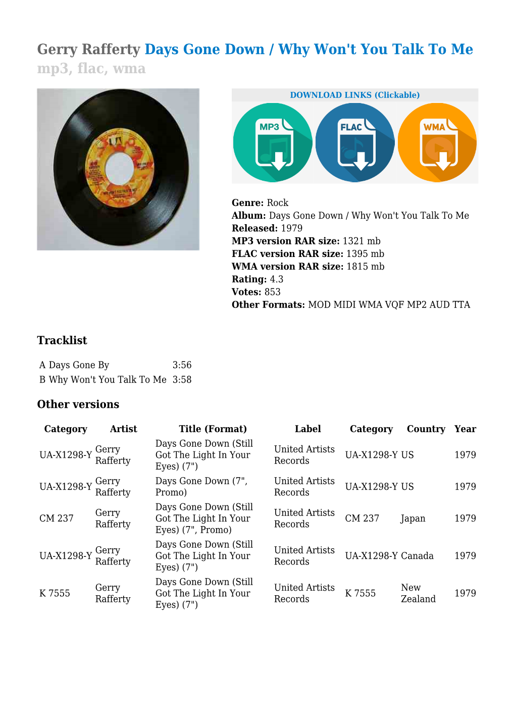 Gerry Rafferty Days Gone Down / Why Won't You Talk to Me Mp3, Flac, Wma