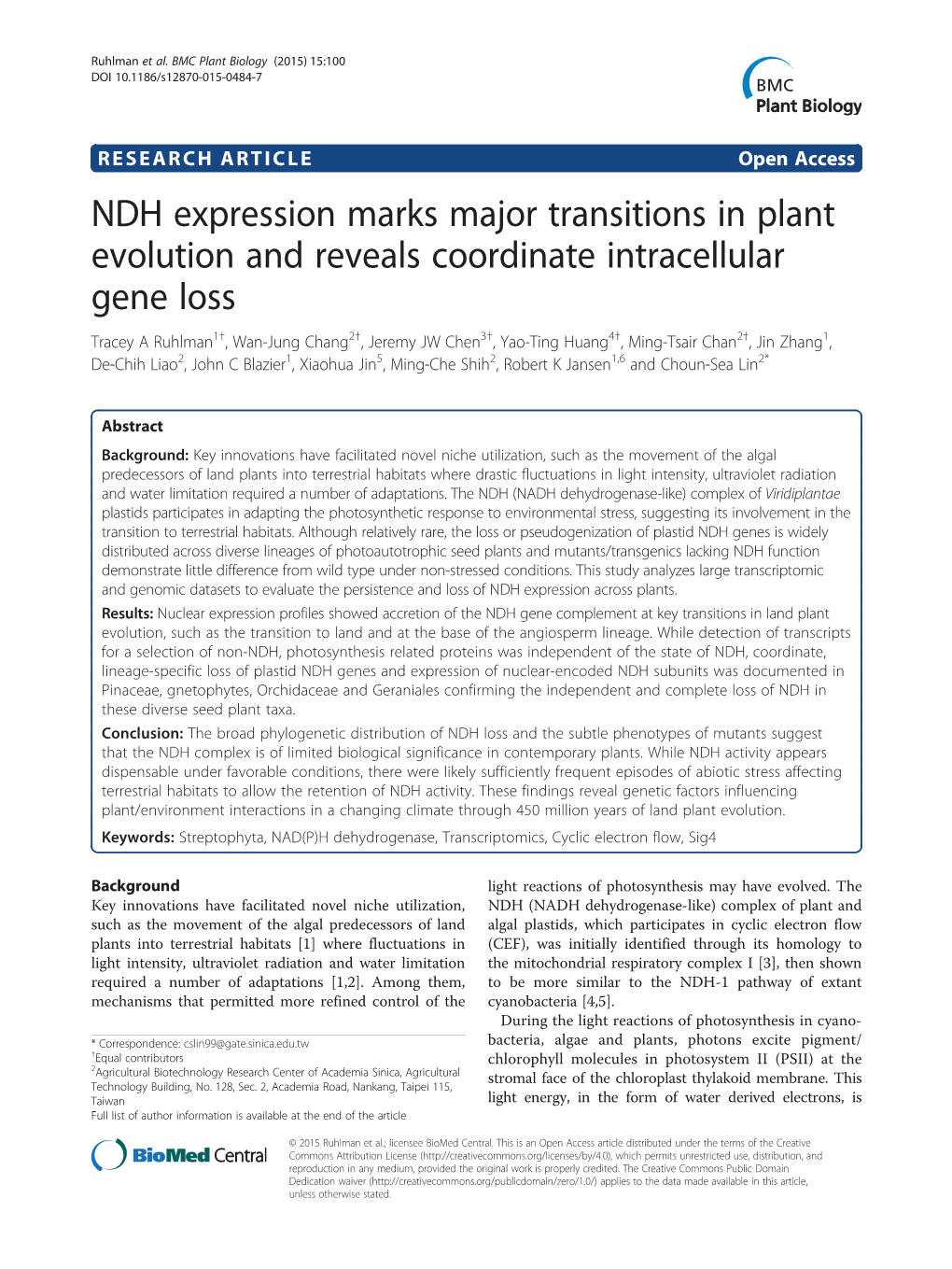 NDH Expression Marks Major Transitions in Plant Evolution and Reveals Coordinate Intracellular Gene Loss