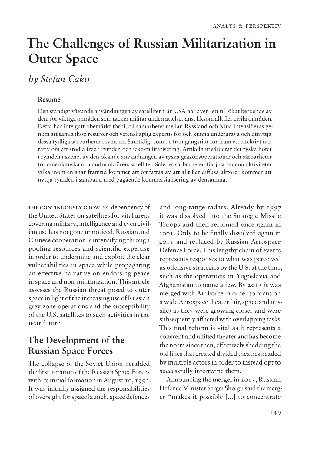 The Challenges of Russian Militarization in Outer Space by Stefan Cako