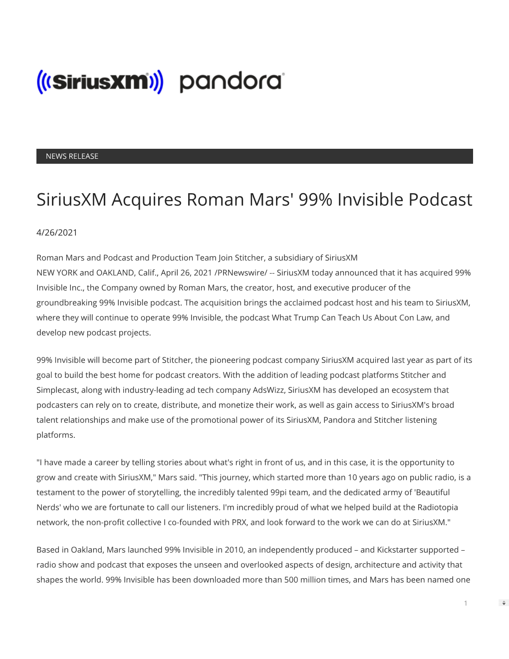 Siriusxm Acquires Roman Mars' 99% Invisible Podcast