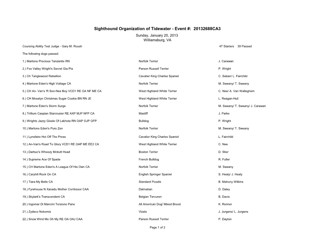 Sighthound Organization of Tidewater - Event #: 20132688CA3 Sunday, January 20, 2013 Williamsburg, VA Coursing Ability Test Judge - Gary M