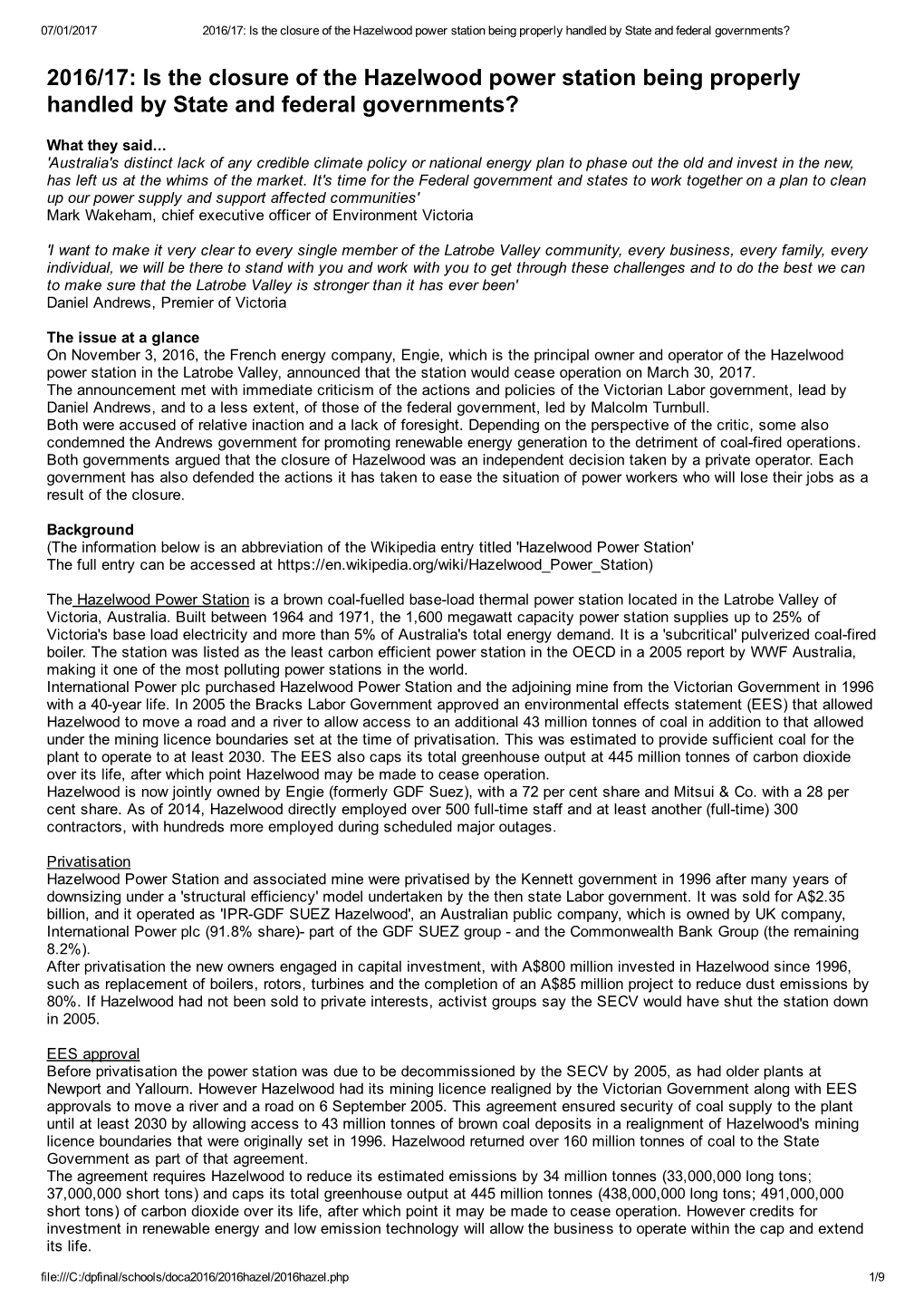 2016/17: Is the Closure of the Hazelwood Power Station Being Properly Handled by State and Federal Governments?