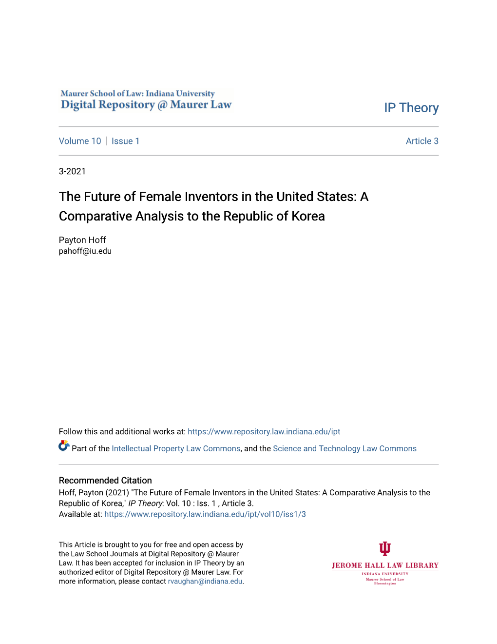 The Future of Female Inventors in the United States: a Comparative Analysis to the Republic of Korea