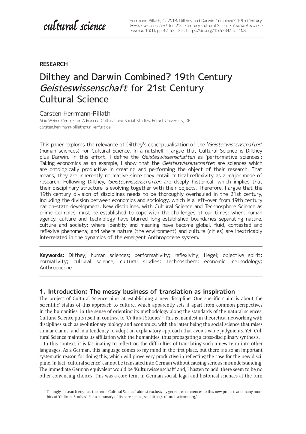 Dilthey and Darwin Combined? 19Th Century Geisteswissenschaft for 21St Century Cultural Science