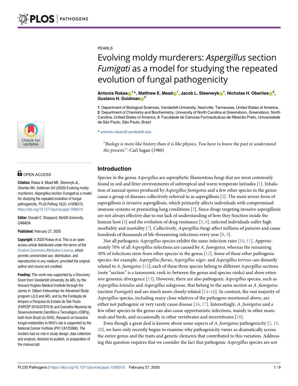 Aspergillus Section Fumigati As a Model for Studying the Repeated Evolution of Fungal Pathogenicity