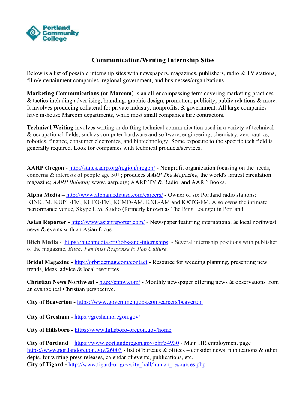 Communication/Writing Internship Sites