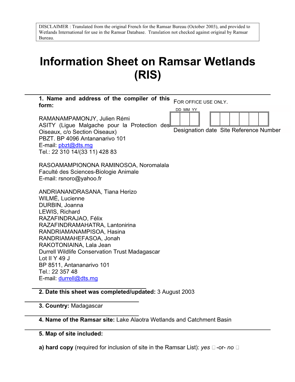 Information Sheet on Ramsar Wetlands (RIS)