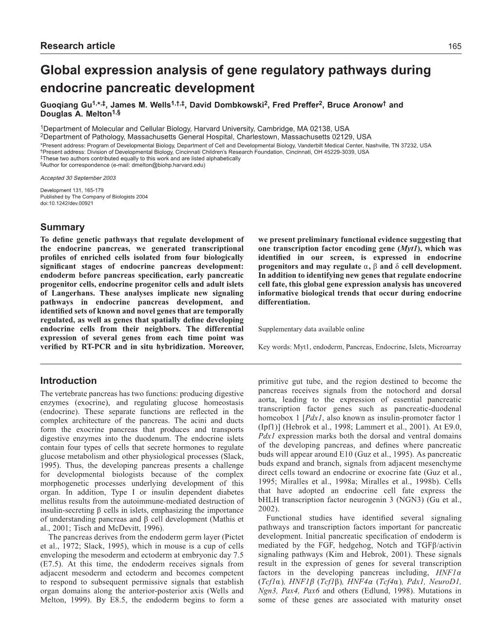 Global Expression Analysis of Gene Regulatory Pathways During Endocrine Pancreatic Development Guoqiang Gu1,*,‡, James M