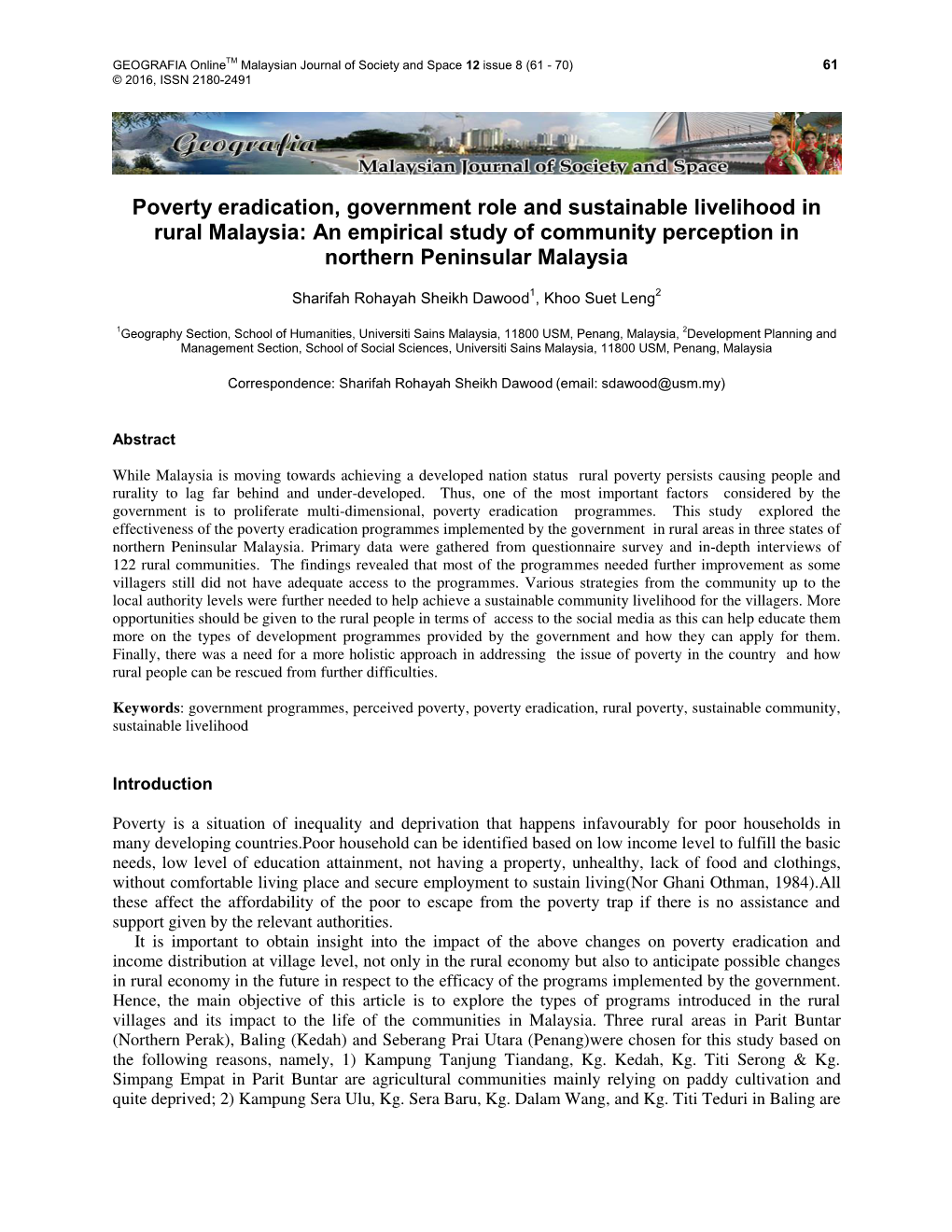 Poverty Eradication, Government Role and Sustainable Livelihood in Rural Malaysia: an Empirical Study of Community Perception in Northern Peninsular Malaysia