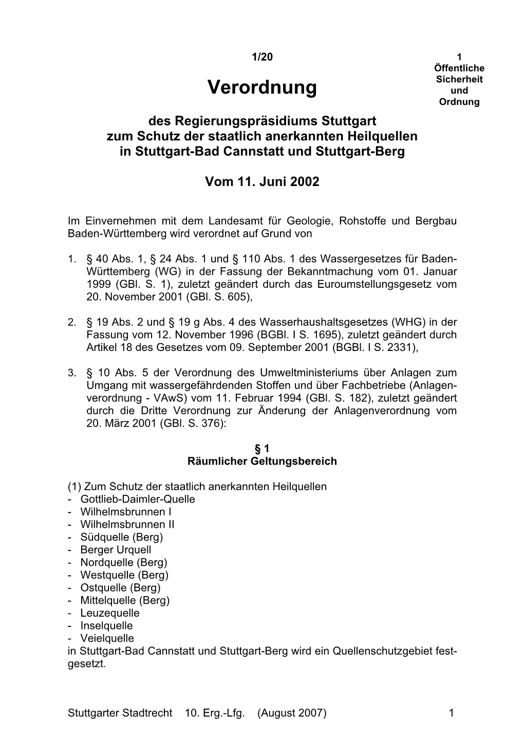 Verordnung Und Ordnung Des Regierungspräsidiums Stuttgart Zum Schutz Der Staatlich Anerkannten Heilquellen in Stuttgart-Bad Cannstatt Und Stuttgart-Berg