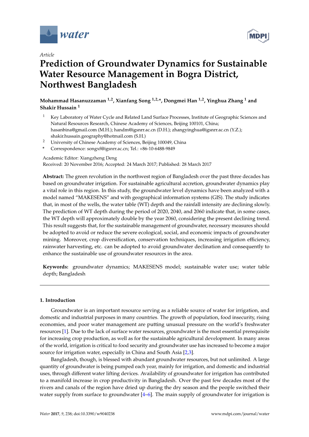 Prediction of Groundwater Dynamics for Sustainable Water Resource Management in Bogra District, Northwest Bangladesh