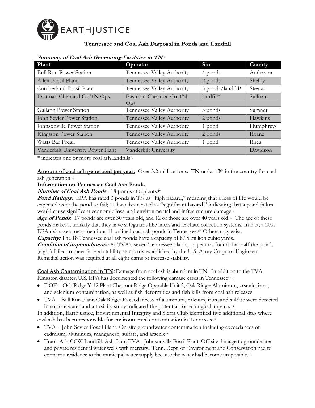 Tennessee Coal Ash Factsheet