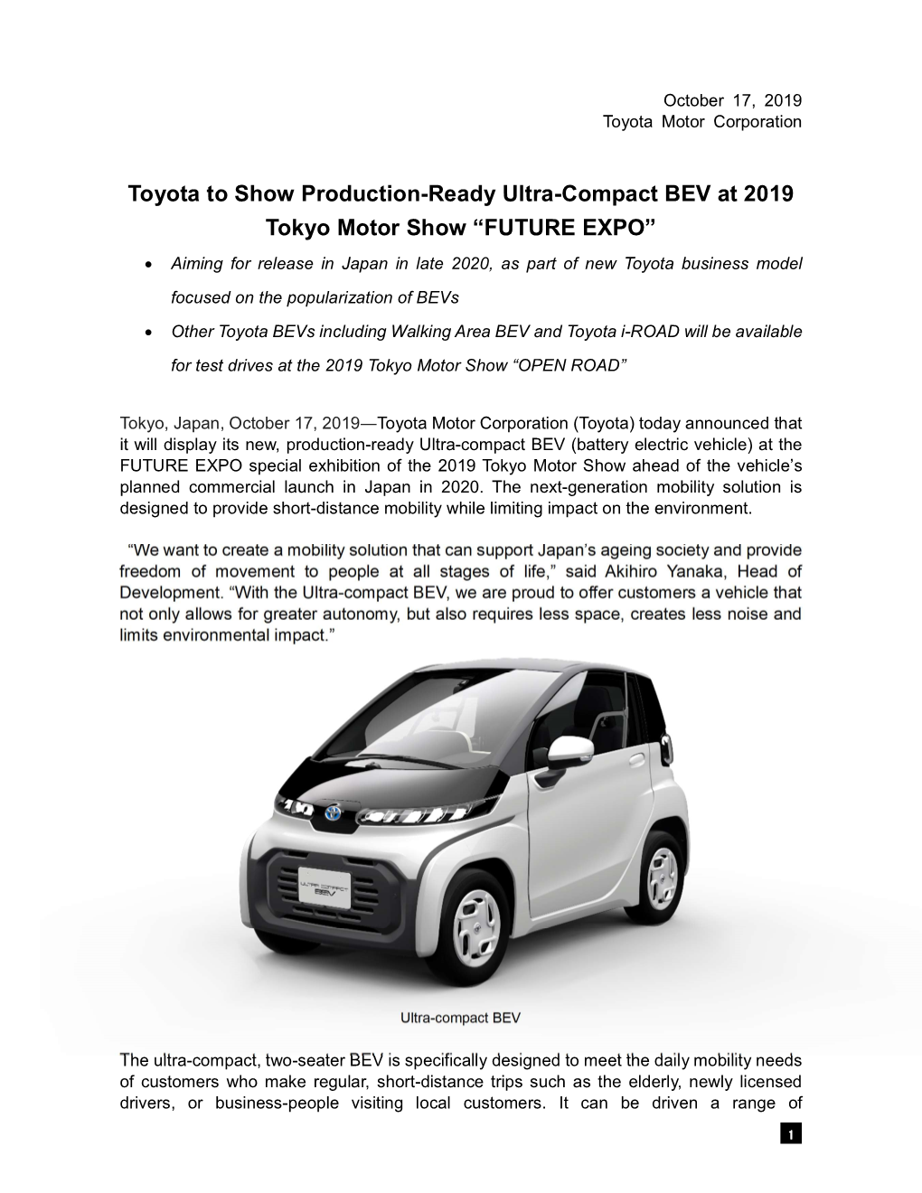 Toyota to Show Production-Ready Ultra-Compact BEV at 2019 Tokyo