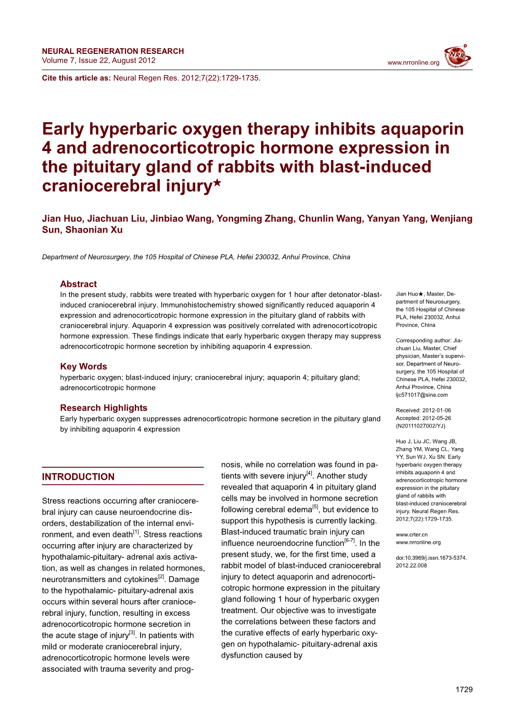 Early Hyperbaric Oxygen Therapy Inhibits Aquaporin 4