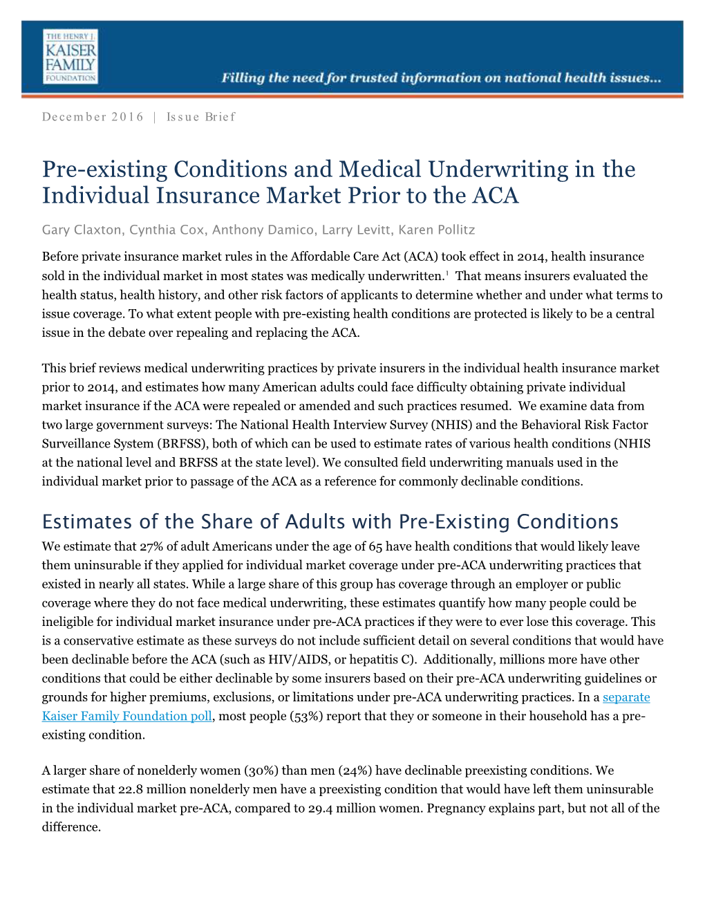 Pre-Existing Conditions and Medical Underwriting in the Individual Insurance Market Prior to the ACA