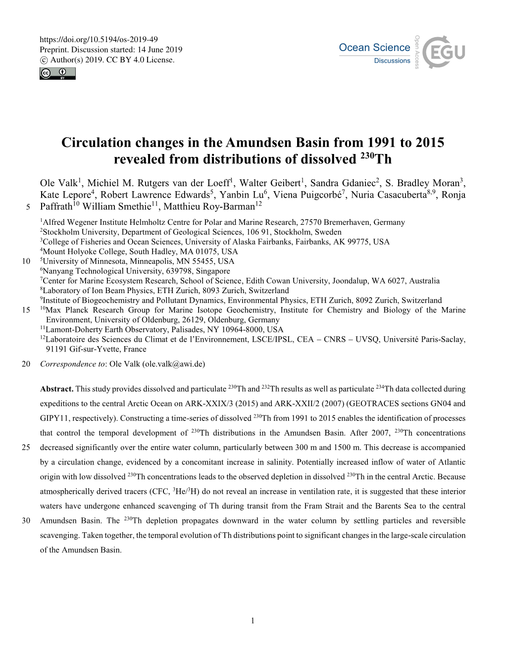 Circulation Changes in the Amundsen Basin from 1991 to 2015 Revealed from Distributions of Dissolved 230Th