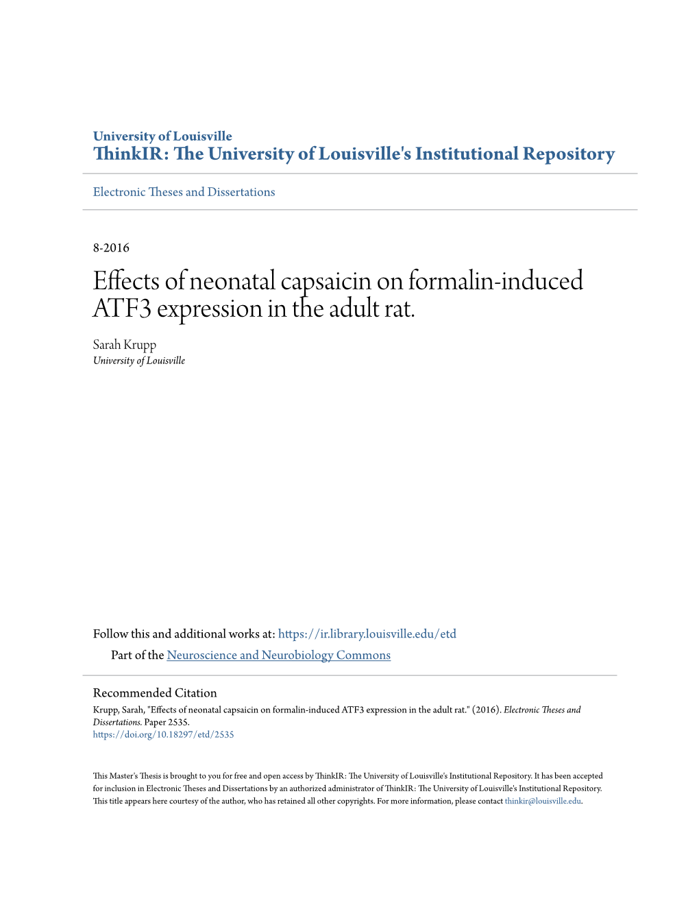 Effects of Neonatal Capsaicin on Formalin-Induced ATF3 Expression in the Adult Rat