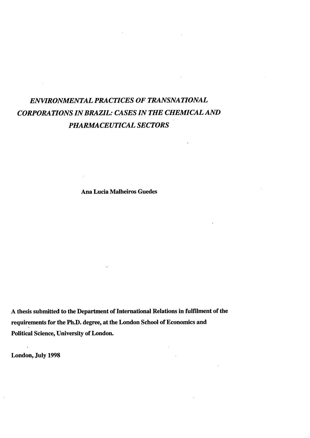 Environmental Practices of Transnational Corporations in Brazil: Cases in the Chemical and Pharmaceutical Sectors