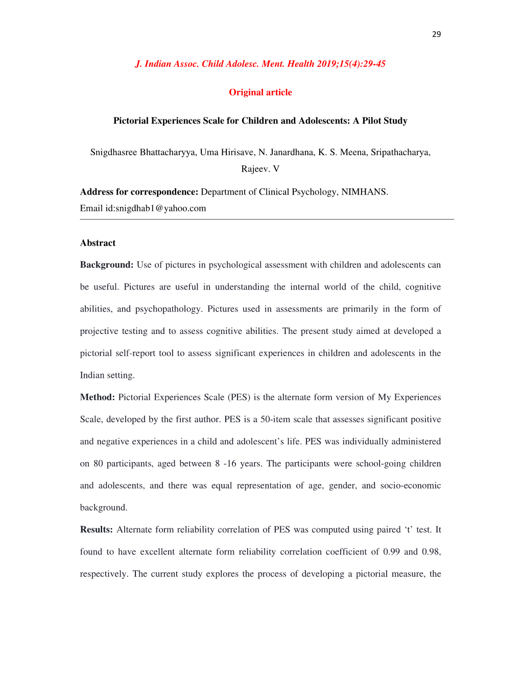 J. Indian Assoc. Child Adolesc. Ment. Health 2019;15(4):29-45 Original