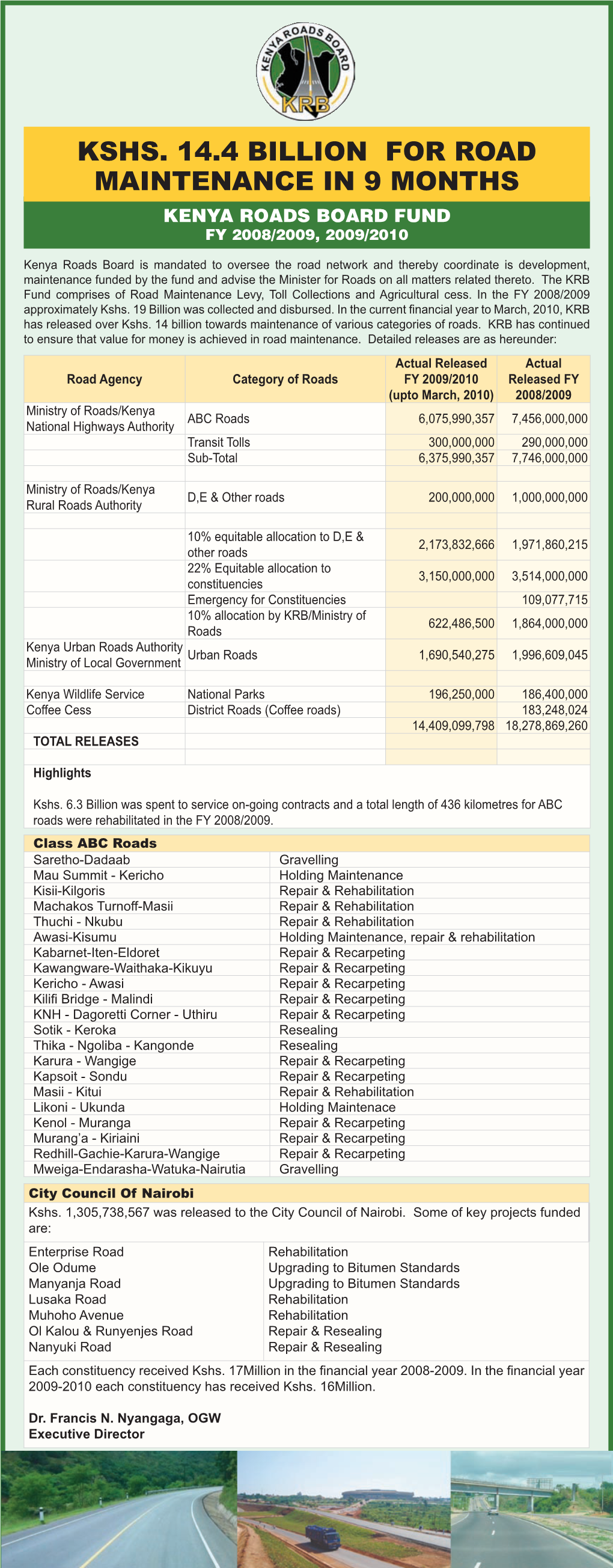 Kshs. 14.4 Billion for Road Maintenance in 9 Months Kenya Roads Board Fund Fy 2008/2009, 2009/2010