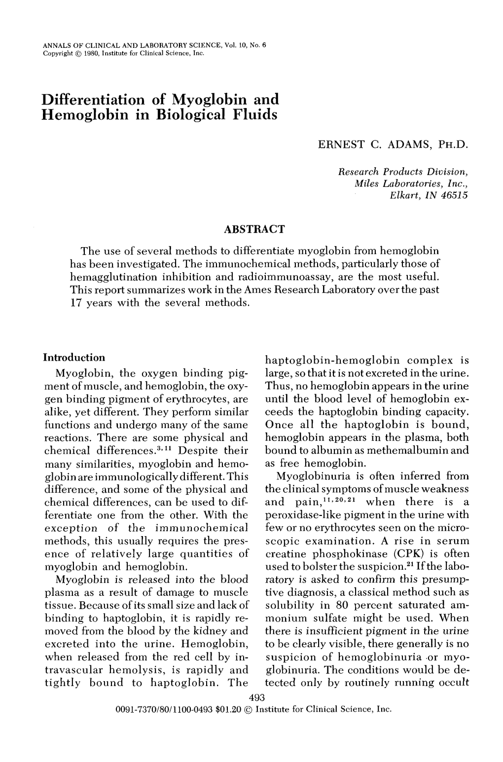 Differentiation of Myoglobin and Hemoglobin in Biological Fluids