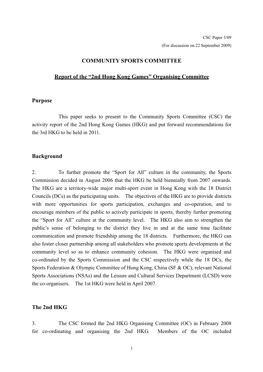 COMMUNITY SPORTS COMMITTEE Report of the “2Nd Hong Kong Games”