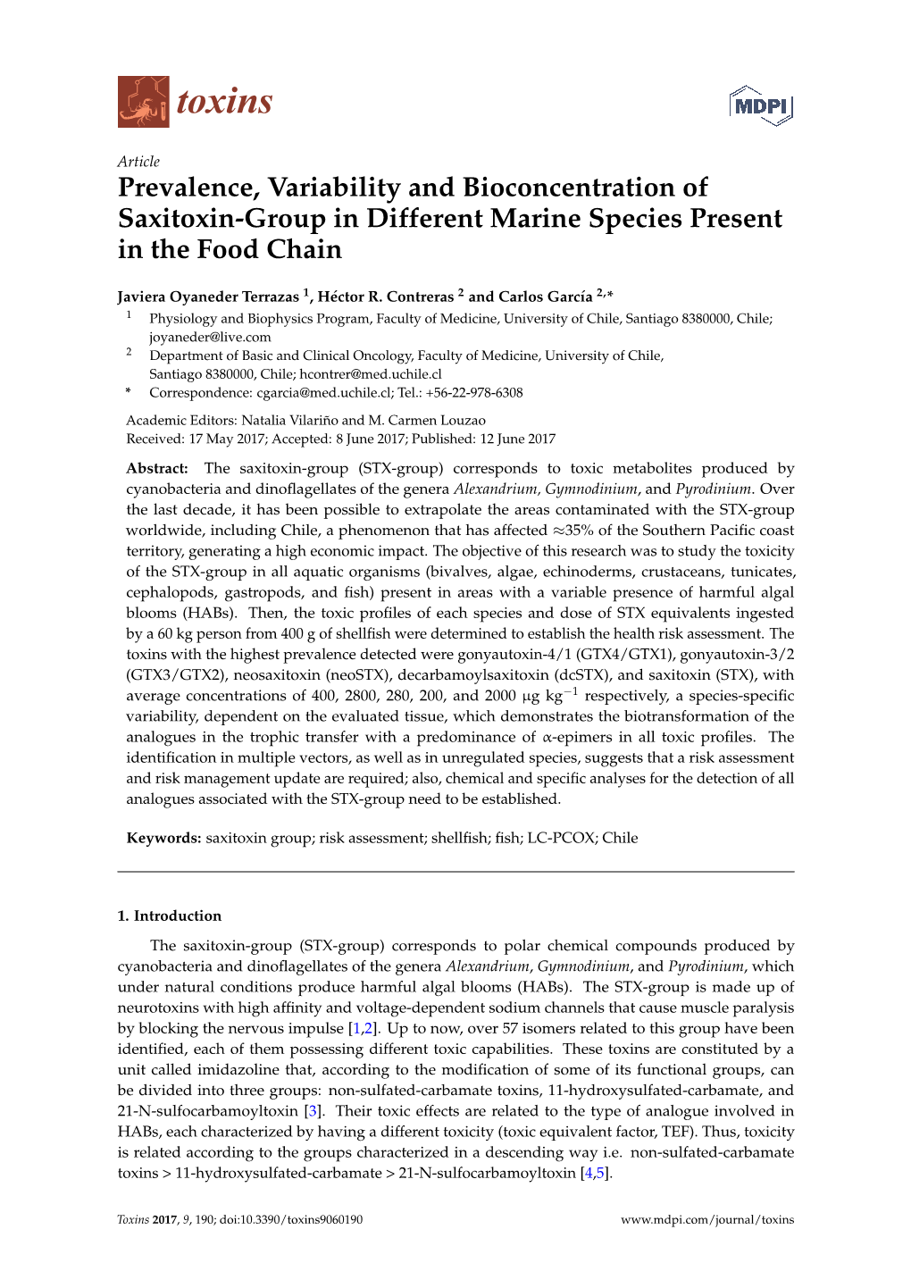 Prevalence, Variability and Bioconcentration of Saxitoxin-Group in Different Marine Species Present in the Food Chain