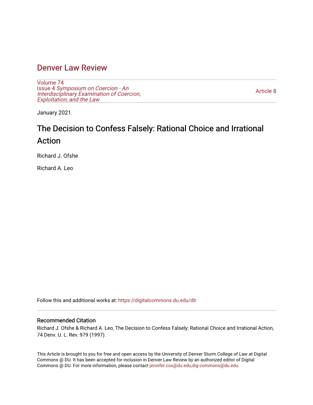 The Decision to Confess Falsely: Rational Choice and Irrational Action