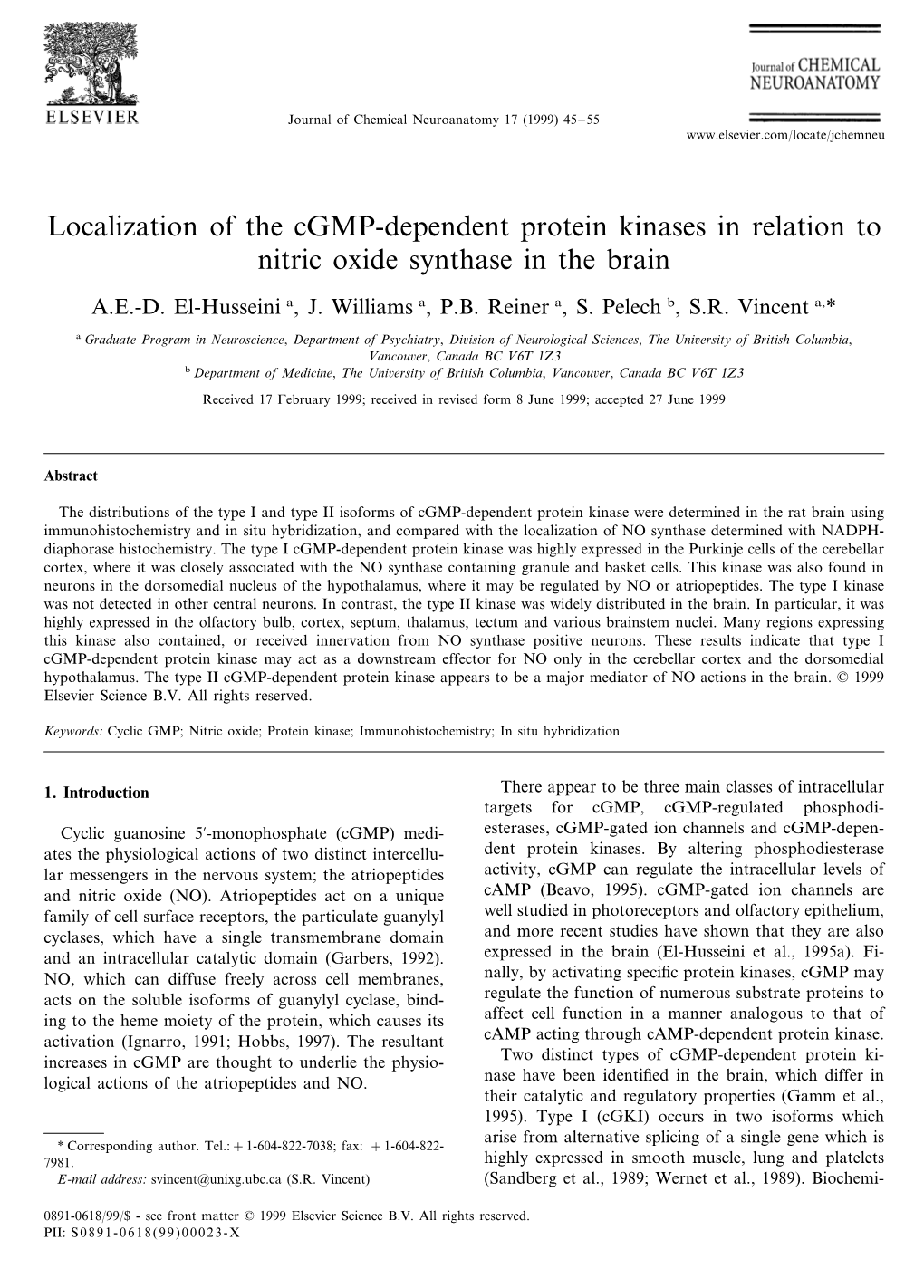 Localization of the Cgmp-Dependent Protein Kinases in Relation to Nitric Oxide Synthase in the Brain