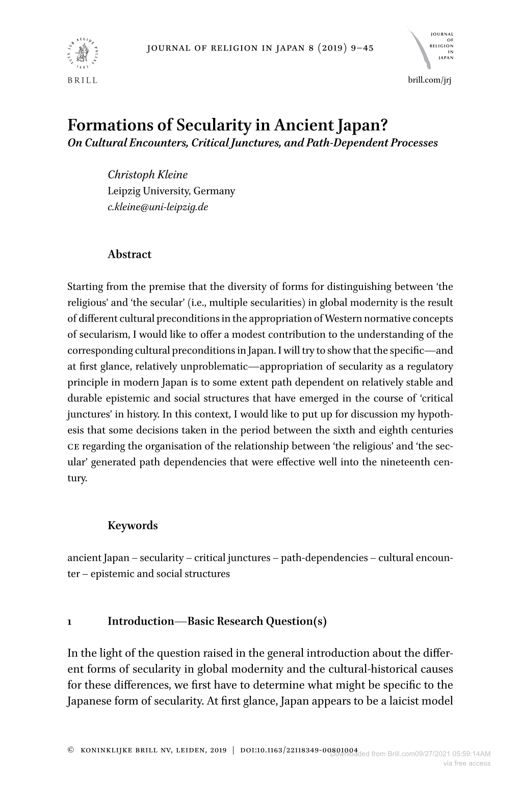 Formations of Secularity in Ancient Japan? on Cultural Encounters, Critical Junctures, and Path-Dependent Processes