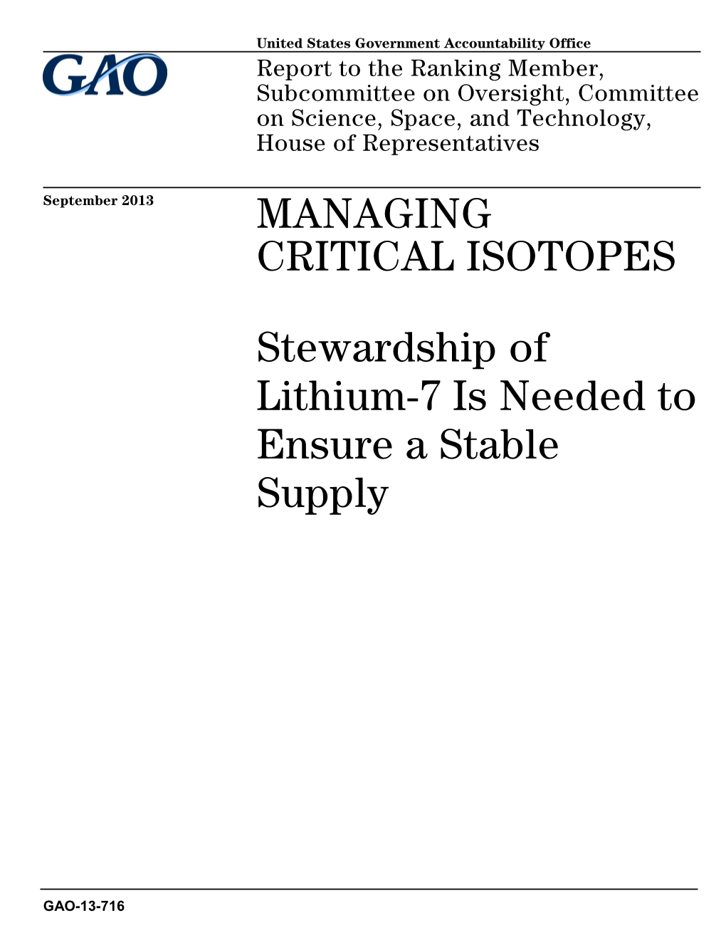 GAO-13-716, MANAGING CRITICAL ISOTOPES: Stewardship of Lithium